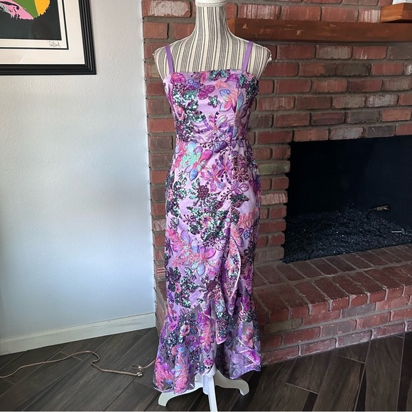 Boston Proper Embroidered Sequin Mesh Ruffle Slit Midi Dress Purple Multi Sz 4 - Picture 5 of 12